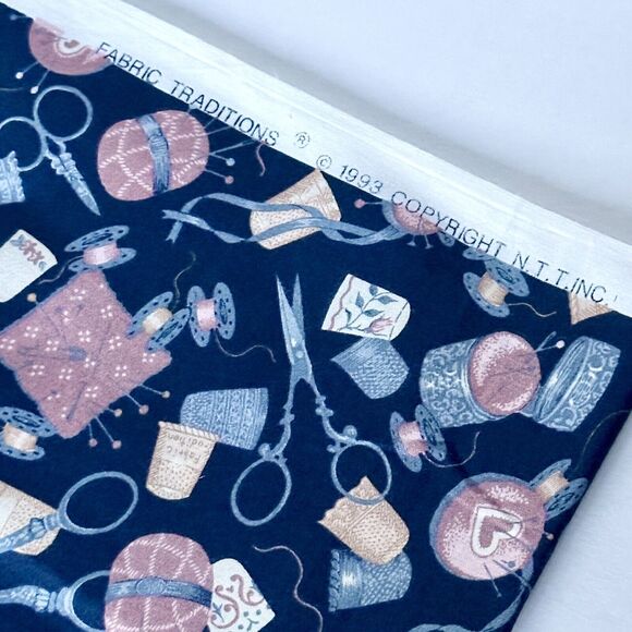 OOP Cotton Sewing Theme Fabric Thread Bobbin Scissors BTY Cottagecore - Picture 3 of 3